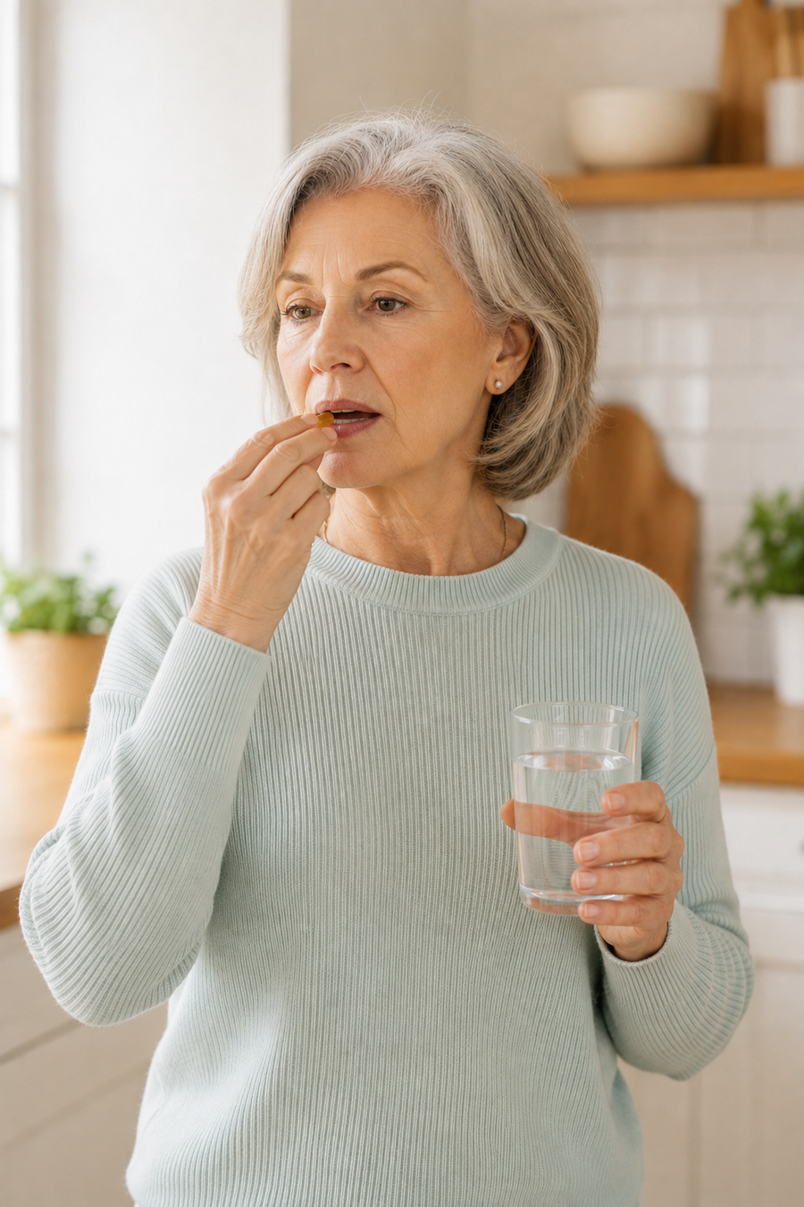 Mujer tomando una cápsula con un vaso de agua