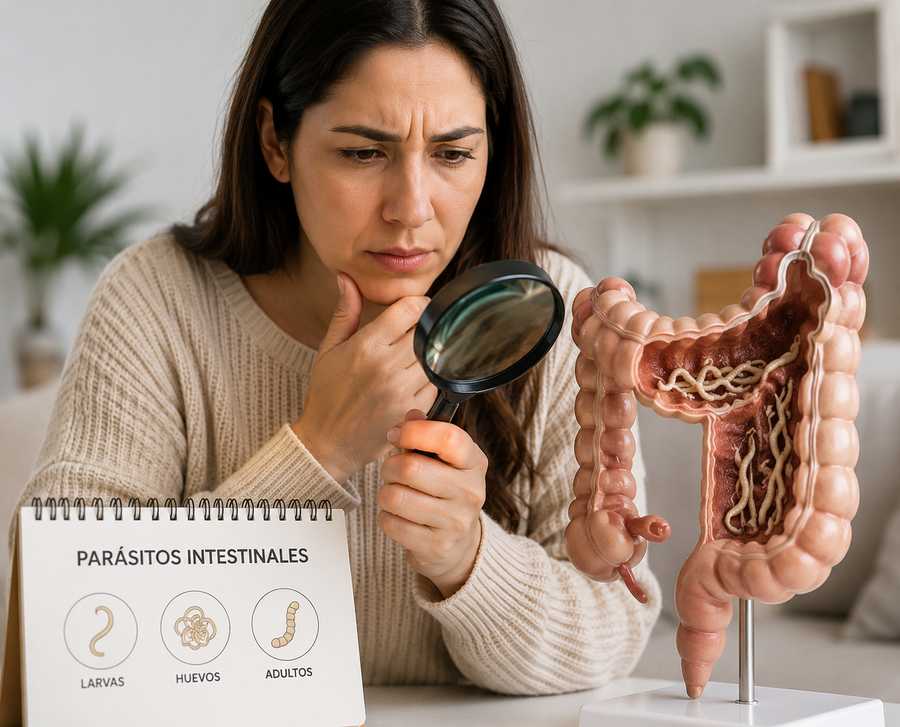 Mujer observando un modelo del intestino con una lupa