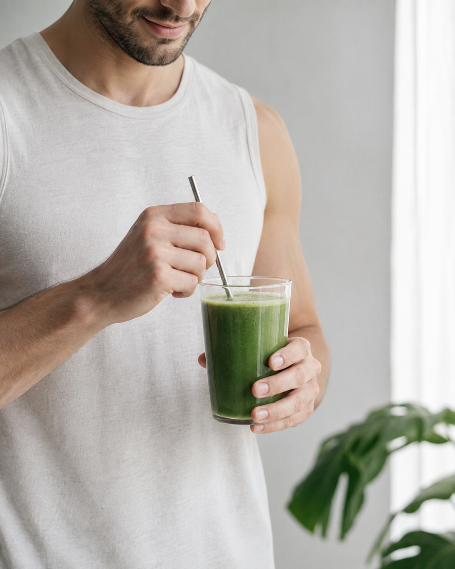 Hombre bebiendo un batido verde